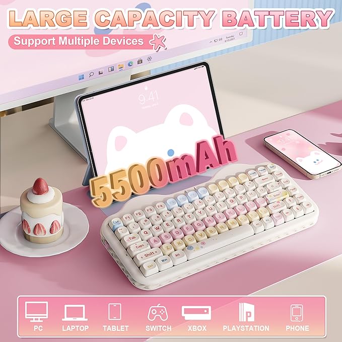 YUNZII C75 Wireless Mechanical Keyboard,75% Layout, Hot-Swappable NKRO,BT5.0/2.4G/USB-C Mode,Dye-Sub PBT MOA Keycaps,RGB Gasket Mount,Cute Cake Design for Mac/Win/Gaming (Beige, Candy Switch)