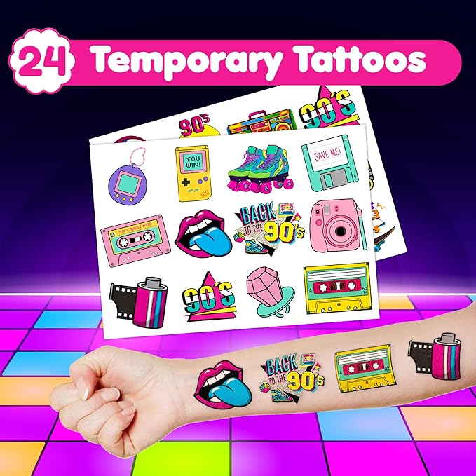 48PCS 90s & 80s Party Favors - 24PCS Tattoos & 24PCS Slap Bracelets, Retro 90s Birthday Party Supplies Decorations, Ideal for Kids’ Classroom Prizes & Rewards for Boys & Girls