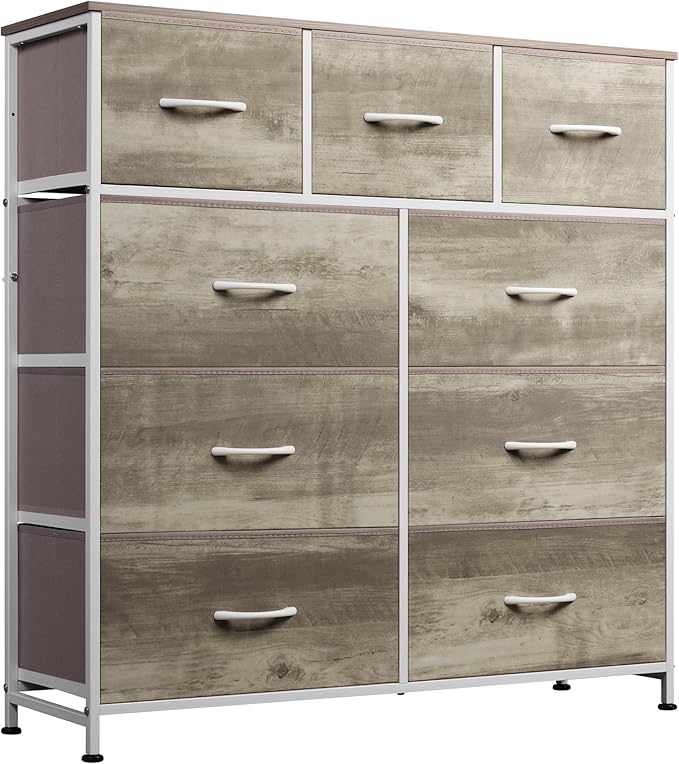 WLIVE 9-Drawer Dresser, Fabric Storage Tower for Bedroom, Hallway, Nursery, Closet, Tall Chest Organizer Unit with Fabric Bins, Steel Frame, Wood Top, Easy Pull Handle, Greige