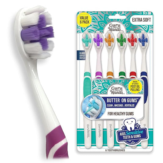 GuruNanda Butter On Gums Toothbrush with 8000+ Softex Bristles, Ultra Soft Bristles for Sensitive & Receding Gums, Perfect for Whiter Teeth, 6 Count
