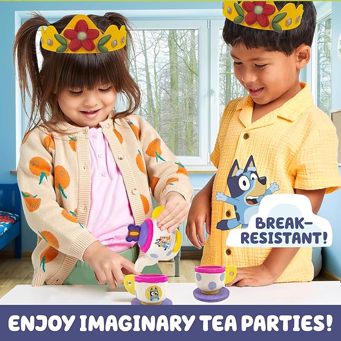 Bluey Paint & Play Tea Party, 6-Piece Wooden Tea Set, Customize with Paint & Bluey Stickers, 2 Wearable Crowns, Fun Toys for Kids, Cute Birthday Party Decorations, Pretend Play Tea Party, Bluey Toys