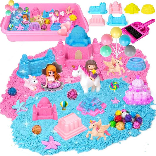 Hymaz Unicorn Sensory Bin, 47 pcs Unicorn & Ocean Sensory Bins for Kids 2-4 5-7, Kids Play Sand for Sandbox Toys, Sandbox with lid Castle Unicorn Toys for Girls Age 4-6 Indoor Xmas Birthday Gifts