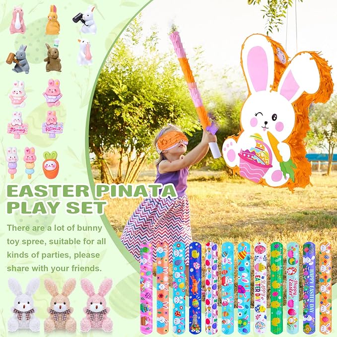 139 Pcs Easter Bunny Pinata Set for Birthday Party Pinata Egg Easter Decoration Party Fiesta Games Supplies Easter Props with Blindfold Toy and Baton Kids Animal Favors Gifts for Boys Girls
