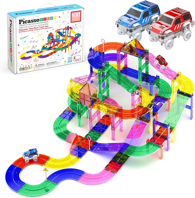 PicassoTiles 100 PCs Race Car Track Set Magnetic Toy Building Block with 2 LED Cars with Height Adjustable Roads Signs Education STEM Building Kit Learning Construction Fun for Boys & Girls Ages 3+