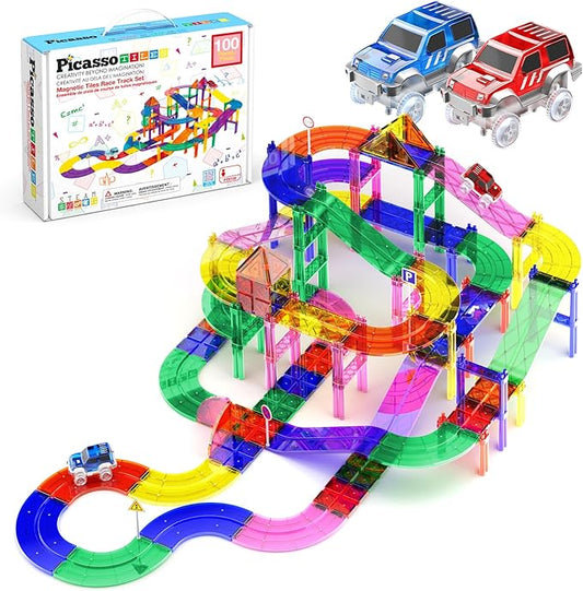 PicassoTiles 100 PCs Race Car Track Set Magnetic Toy Building Block with 2 LED Cars with Height Adjustable Roads Signs Education STEM Building Kit Learning Construction Fun for Boys & Girls Ages 3+