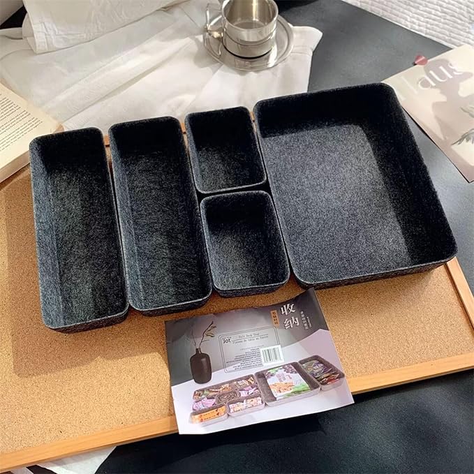 Felt Drawer Organizer Set, 8PCS Desk Drawer Storage Bins for Office, Kitchen, Dresser, and Makeup — Soft Fabric Drawer Dividers for Neat Organization (Dark Gray)