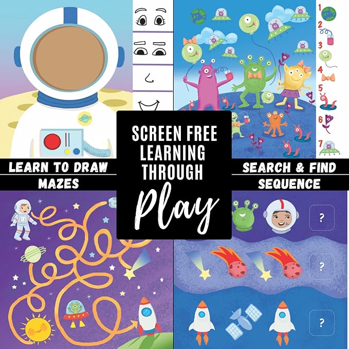 Kids Small Size Travel Educational Activity Books with Washable Markers (7"x7") - Car and Airplane Activities - Search and Find, Reusable Stickers for Ages 4, 5, 6 (Ocean & Space)