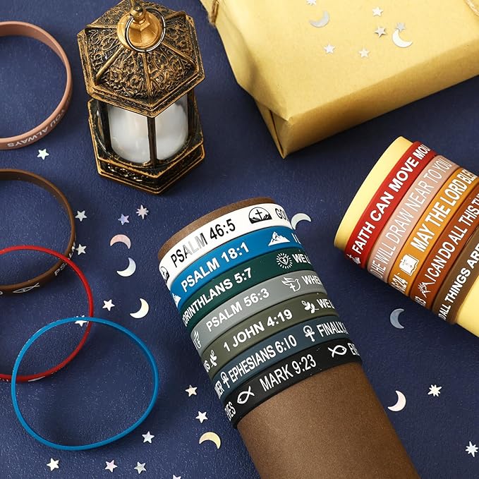 JUNEBRUSHS 42pcs Bible Verse Silicone Bracelets Bulk Inspirational Christian Faith Hope Jesus Rubber Wristbands for Men Women Party Christian Gifts(21 Designs)