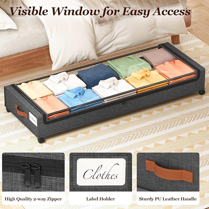 Yecaye Under Bed Storage with Wheels 2 Pack, 85L Extra Large Under Bed Storage Containers with Metal Frame & Clear Lid, Rolling Underbed Organizer Bins Drawers for Clothes, Shoes, Blankets, Hemp Grey