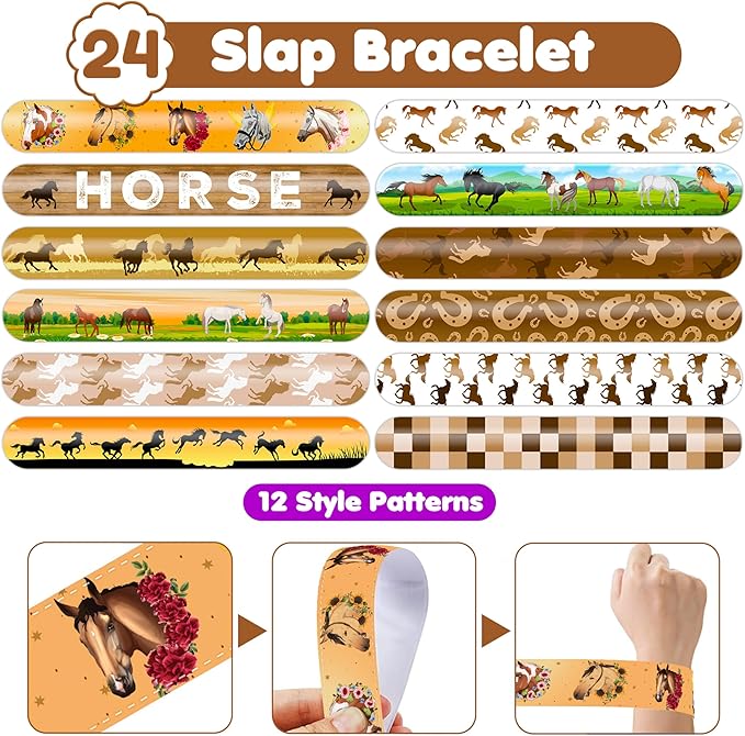 48PCS Horse Party Favors - 24 Tattoos & 24 Slap Bracelets, Perfect for Horse-Themed Birthdays, School Prizes, and Christmas Rewards for Kids
