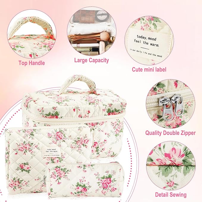 URSKYTOUS 3Pcs Cotton Quilted Makeup Bag for Women Girls Large Small Travel Pink Floral Cosmetic Bags Set Cute Coquette Makeup Pouch for Purse Aesthetic Cloth Flower Storage Toiletry Bag Organizer