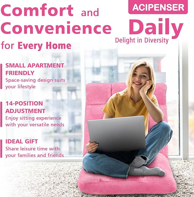 Folding Floor Chair 14-Position Cushioned Adjustable Floor Lazy Sofa Chair w/Breathable Cotton & Skin-Friendly Flannel for Adults & Kids Ideal for Reading Meditating, Pink