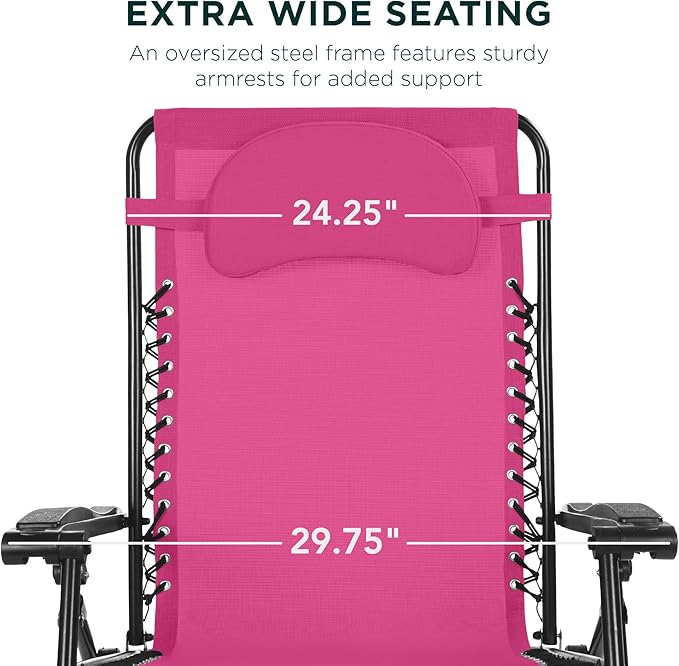 Best Choice Products Oversized Zero Gravity Chair, Folding Outdoor Patio Lounge Recliner w/Cup Holder Accessory Tray, Pillow - Hot Pink/Black