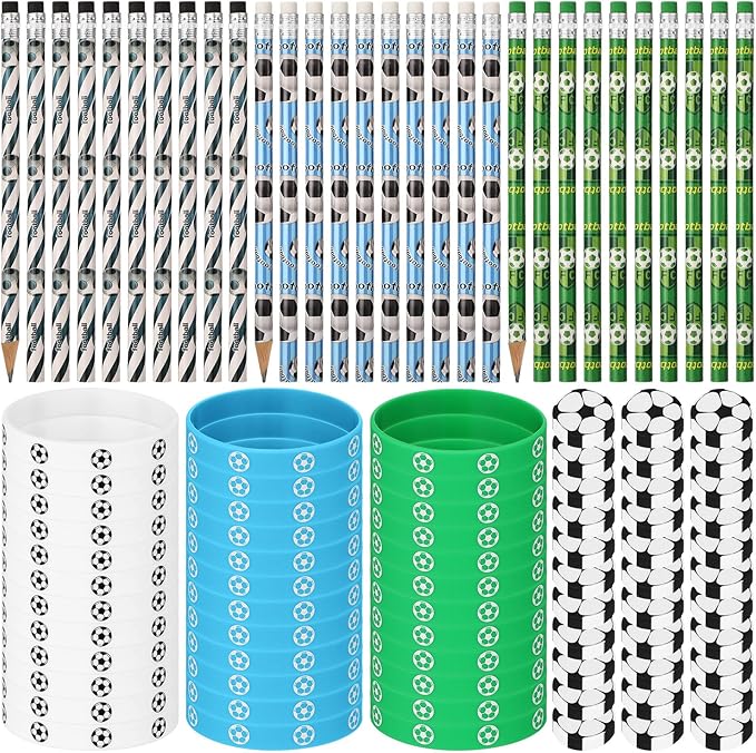Gueevin 108 Pcs Soccer Party Favors Set 36 Soccer Pencils 36 Soccer Erasers 36 Silicone Bracelets Sport Pencil Wristbands Fun Erasers Bulk for Kids Student Teacher Office Birthday (Green, White, Blue)