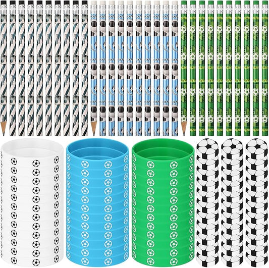 Gueevin 108 Pcs Soccer Party Favors Set 36 Soccer Pencils 36 Soccer Erasers 36 Silicone Bracelets Sport Pencil Wristbands Fun Erasers Bulk for Kids Student Teacher Office Birthday (Green, White, Blue)