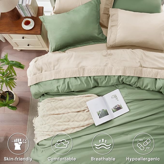 Anluoer Sage and Cream Queen Comforter Set 7 Pieces, Bed in a Bag with Sheets, All Season Bedding Sets with 1 Comforter, 2 Pillow Shams, 2 Pillowcases, 1 Flat Sheet, 1 Fitted Sheet