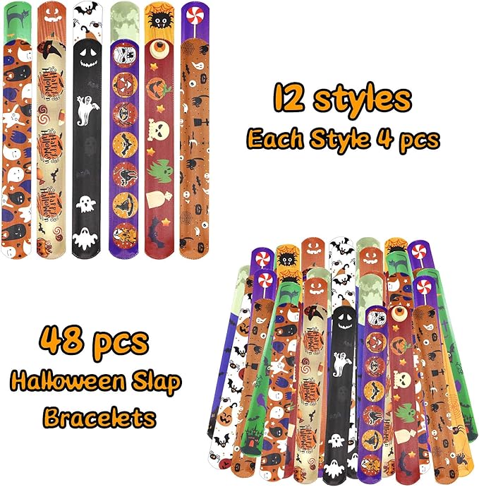 48 PCS Halloween Slap Bracelets for kids bulk, Halloween Snap Bracelets Toys Slap Bracelets Wristbands for Happy Halloween Party Favors