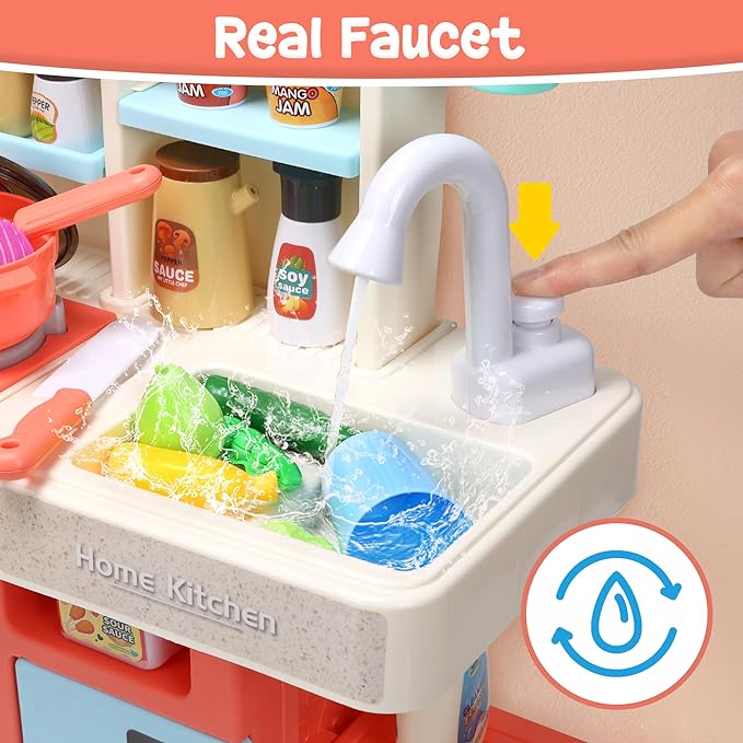 HOLYFUN Kids Kitchen Playset, Kitchen Set for Toddler with Sound and Light, Cooking Stove with Steam, Play Sink and Toy Kitchen Accessories, Pretend Kitchen Toys for Kids Girls Boys, Pink