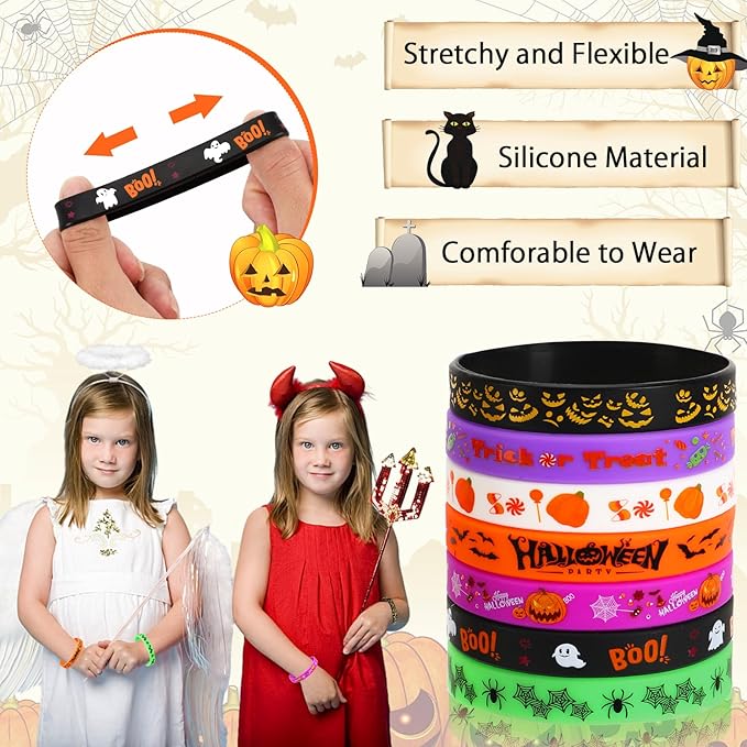 JUNEBRUSHS 42pcs Halloween Party Favors Silicone Bracelets Rubber Wristbands for Halloween Party Decorations Accessories Trick or Treat Goodie Bag Stuffers Fillers Supplies(7 Designs)