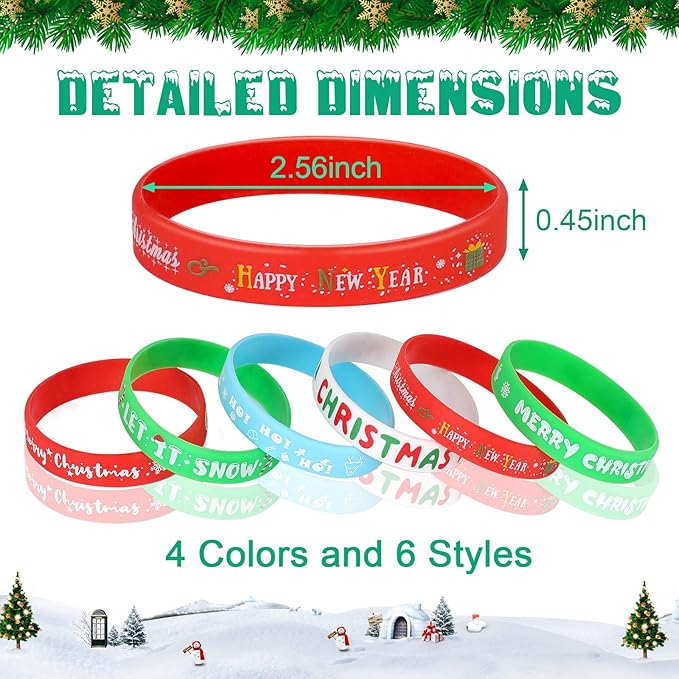 JUNEBRUSHS 42Pcs Christmas Silicone Bracelets, Rubber Wristbands Christmas Party Favors for Kids Decorations for Xmas Stocking Stuffers Wrist Band Accessories Gifts Supplies