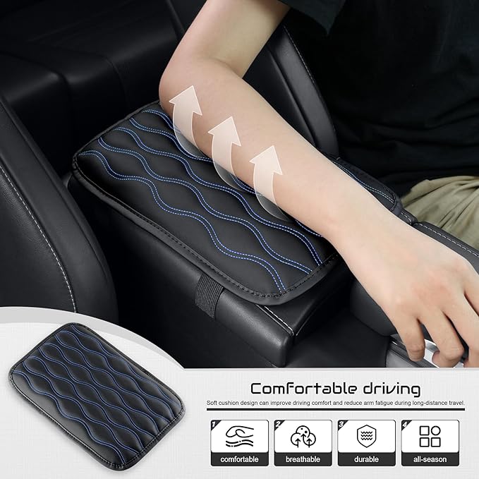 Amiss Auto Center Console Pad, Universal Waterproof Armrest Seat Box Cover, Car Interior Accessories, Leather Auto Armrest Cover Protector for Most Vehicle, SUV, Truck (Blue-Line)