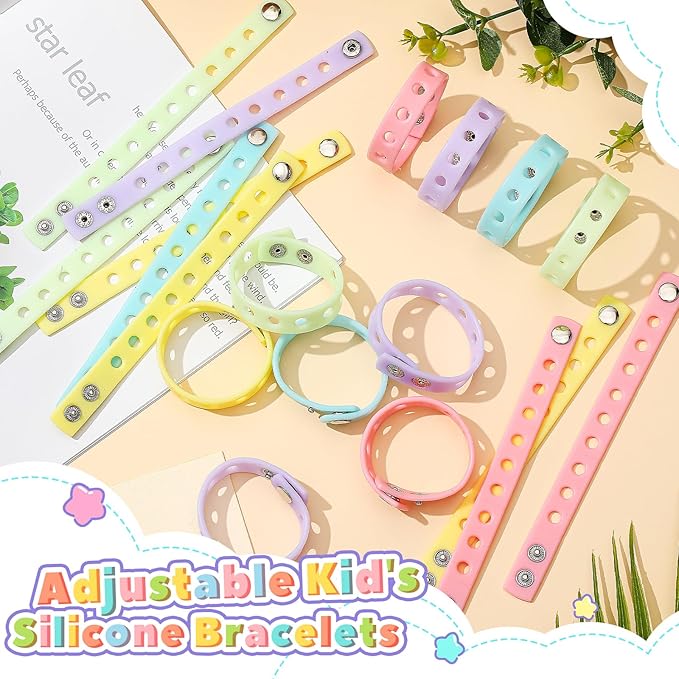 Aoriher 20 Pieces Silicone Charm Bracelets Kids Valentine's Day Silicone Wristband Gift Adjustable Rubber Bracelet with Holes for Shoe Charm First Day of School Party Favors(Macaron Color)