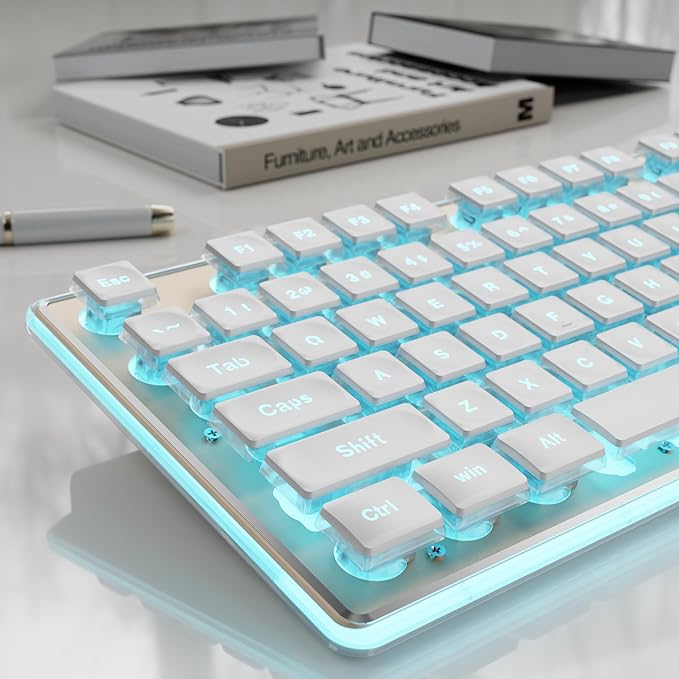 GX710S Backlit Computer Keyboards, Wired USB Keyboard with Blue Backlit, Metal Panel, Plug and Play, Pudding Keycaps Full Size Quite Computer Keyboard for Win/PC/Laptop-White