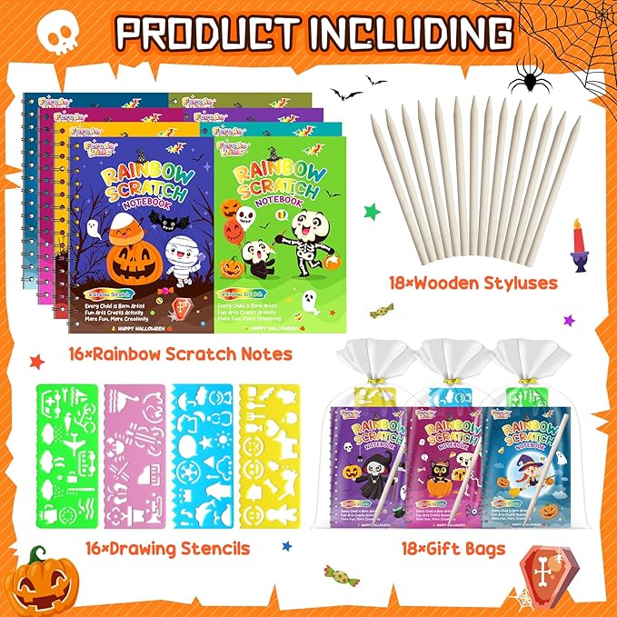 Halloween Scratch Art Party Favors: 16 Pack Rainbow Scratch Notebook Paper Party Favors for Kids Halloween Goodie Bags Stuffers Girls Boys Art Craft Birthday Gifts for Students Classroom Crafts
