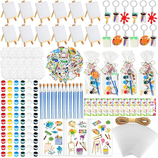 HyDren Paint Party Favors Include Mini Watercolor Paint Set Small Painting Canvas with Easel Palette Brush Paint Stickers Tattoo Sticker Keychain for Class Birthday Art Party(254 Pcs, Classic Style)