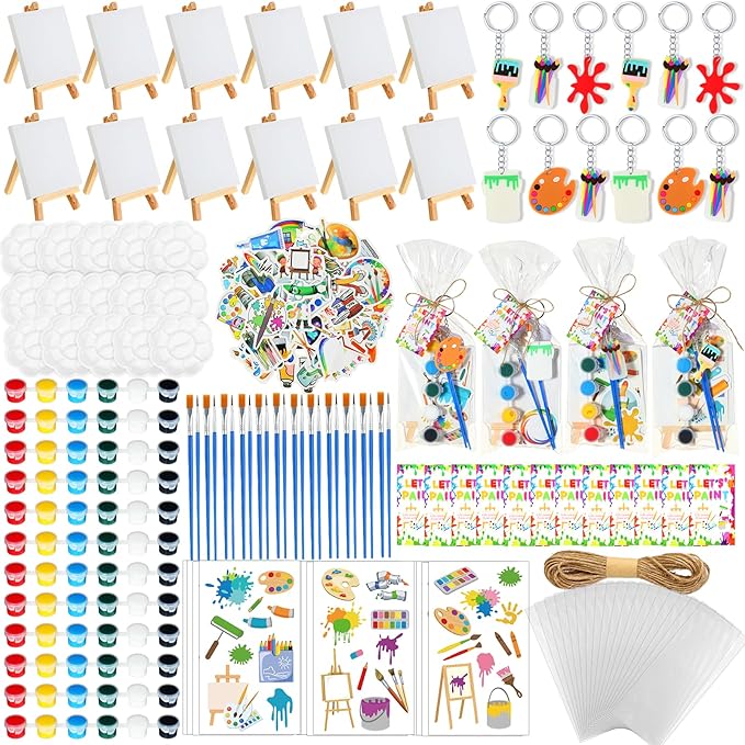 HyDren Paint Party Favors Include Mini Watercolor Paint Set Small Painting Canvas with Easel Palette Brush Paint Stickers Tattoo Sticker Keychain for Class Birthday Art Party(158 Pcs, Classic Style)