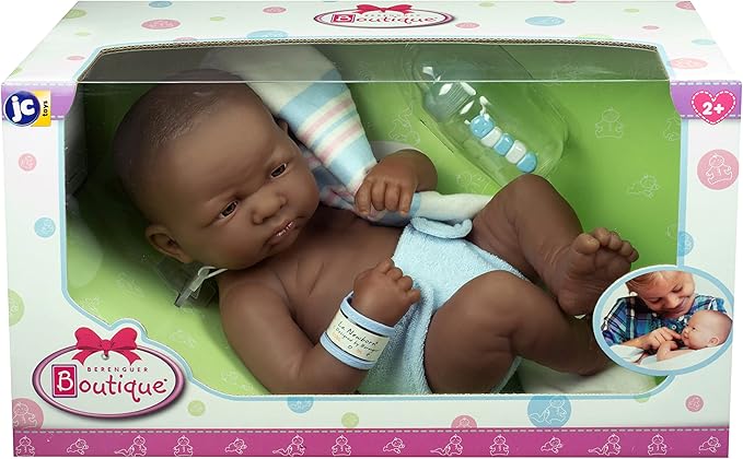 JC Toys - La Newborn First Day African American| 14" Anatomically Correct Real Boy Baby Doll | All-Vinyl Baby Doll with Accessories| Made in Spain | Ages 2+ , Blue