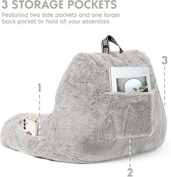 Nestl Fur Reading Pillow, Stylish Back Pillow for Bed Sitting Up, Faux Fur Bed Chair Pillow with Arms, Reading Pillows for Sitting in Bed Adult & Kids, Back Support Pillow for Bed Rest - Light Grey