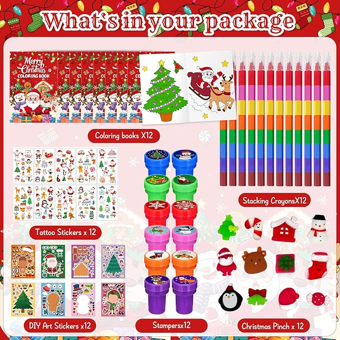 Cinrobiye 72 Pieces Merry Christmas Party Favors Max Holiday Coloring Books Tattoo DIY Sticker Stampers Class Reward Prizes for Christmas Holiday Winter Party Supplies