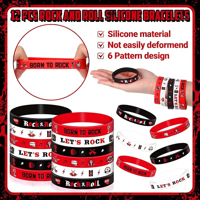 Blosssound 122 Pcs Rock and Roll Party Favors with Rock Star Silicone Bracelets VIP Pass Badges Stampers Keychains Stickers Let's Rock Birthday Party Supplies for 80s 90s Rock Music Party Decorations