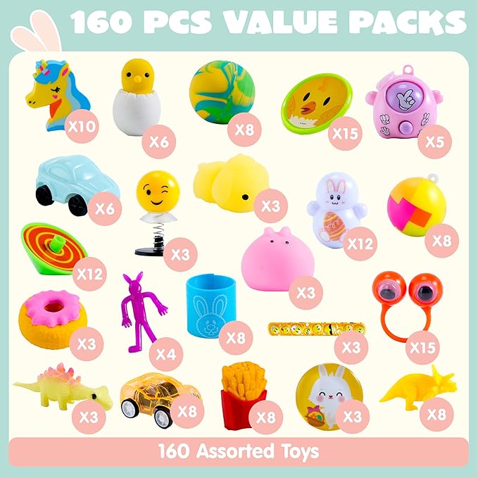 JOYIN 160 PCS Prefilled Easter Eggs with Assorted Toys, Stuffed Egg Hunt Supplies, Basket Stuffers Fillers, Classroom Prizes, Party Favors