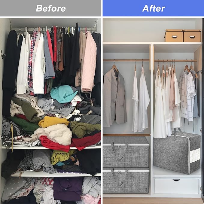 105L Extra Large Storage Bags, Folding Moving Comforter Blanket Storage Bags Closet Organizers and Storage Containers for Clothes with Strong Handles&Zippers Clear Window for Bedding Pillow, Grey