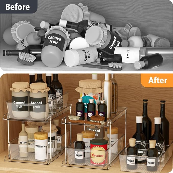 3-Pack Pull-Out Home Organizers, 2 Tier Clear Bathroom Organizer with Dividers, Multipurpose Vanity Counter Tray, Kitchen, Closet Organizers and Storage Container Bins for Cabinet, Pantry