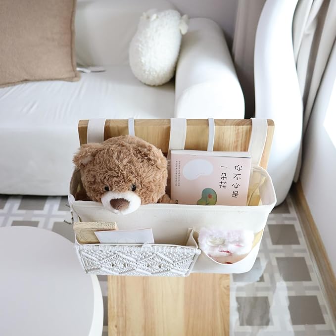 GYASVWU Boho Hanging Bedside Caddy Organizer, Macrame Bedside Pocket, Bunk Bed Organizer for Dorm Room , Baby Bed Rails, Magazine Storage, Toy Storage (White)