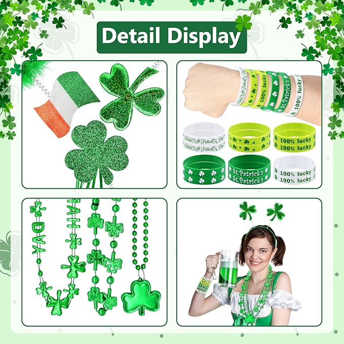24 Pcs St. Patrick's Day Party Favor Set with 6 Pcs Shamrock Headbands, 12 Pcs Lucky Silicone Bracelets, and 6 Pcs Clover Necklaces Accessories for St. Paddy's Irish Decorations and Celebrations