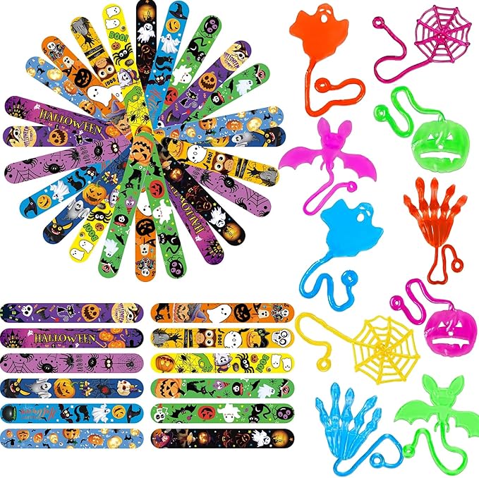 48 Pcs Halloween Treats Non Candy for Kids Sticky Hands and Slap Bracelets Halloween Party Favors Toys Goodie Bag Stuffers (Halloween-48 Pack)