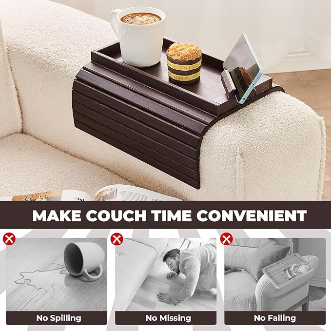 Bamboo Sofa Arm Tray, Anti Falling Couch Arm Tray Armrest Table with 360° Rotating Phone Holder, Foldable and Portable Sofa Armrest Trays Cup Holder for Drink,Cups, Phone, Snacks, Remote