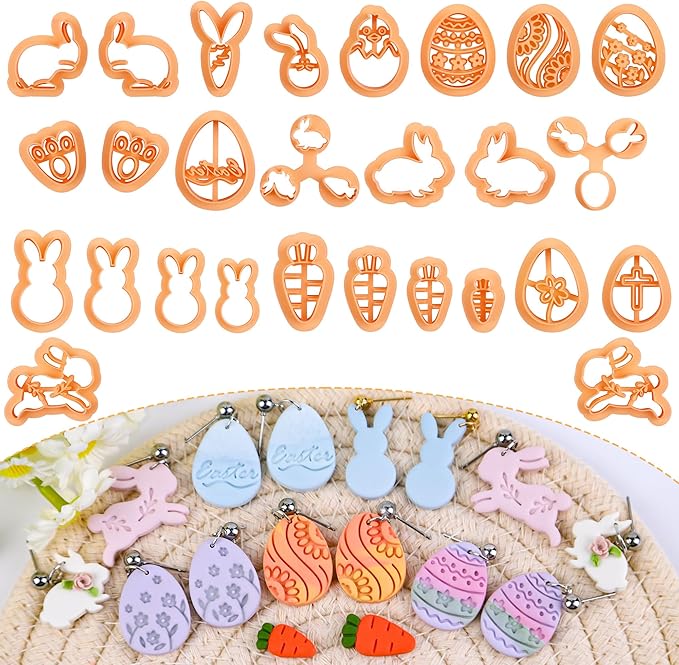 Puocaon Easter Polymer Clay Cutters - 27 Pcs Clay Cutters for Polymer Clay Earrings, Cute Bunny Rabbit Clay Cutters, Carrot Easter Eggs Clay Jewelry Cutters, Rabbit Feet Polymer Clay Cutters