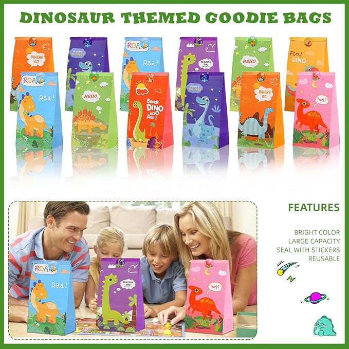 144Pcs Dinosaur Party Favors for 12 Kid, Dino Birthday Party Favors Include Dinosaur Bubble Wands Hatching Eggs Bags Art Kit Silicone Rings Bracelets Stickers for Dinosaur Birthday Party Supplies