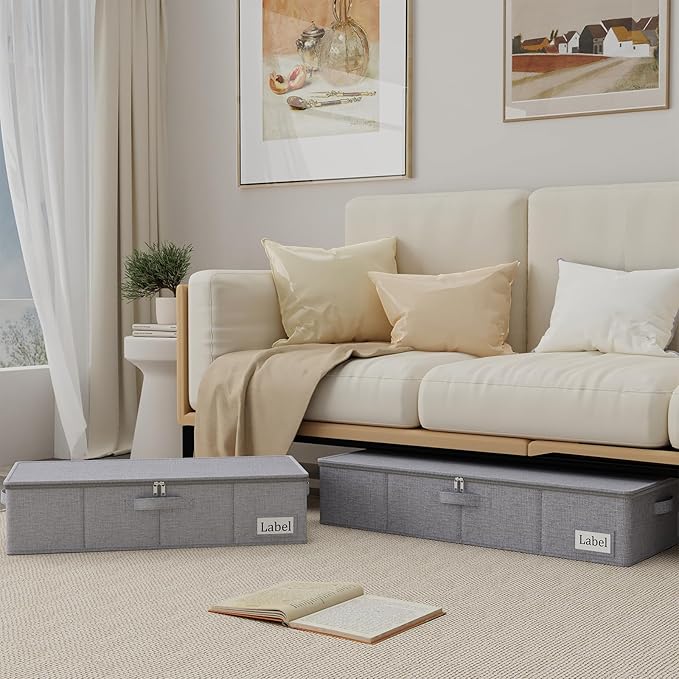 Yawinhe Underbed Bags, Storage Containers Bags with Lid, Foldable Blanket Bins, with Sturdy Zipper und Label Holders, for Clothing, 23.6''Lx11.8''Wx6''H, 4 Pack, Grey