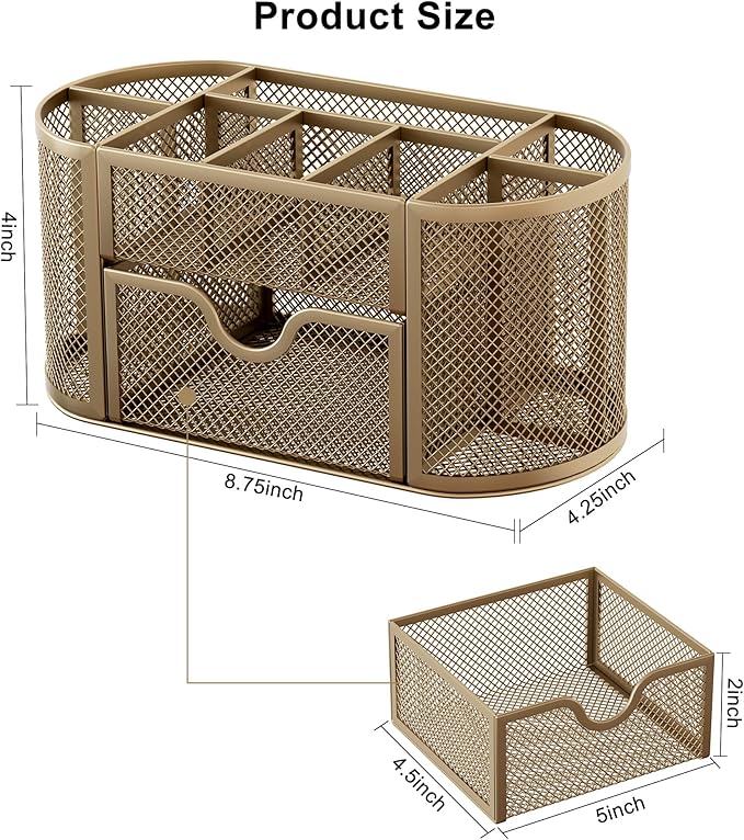 EasyPAG Mesh Pen Holder Desk Organizer with Drawer Stationery Supplies Organizer for Dorm School 9 Compartments Workspace Desk Accessories Organization for Office, Gold