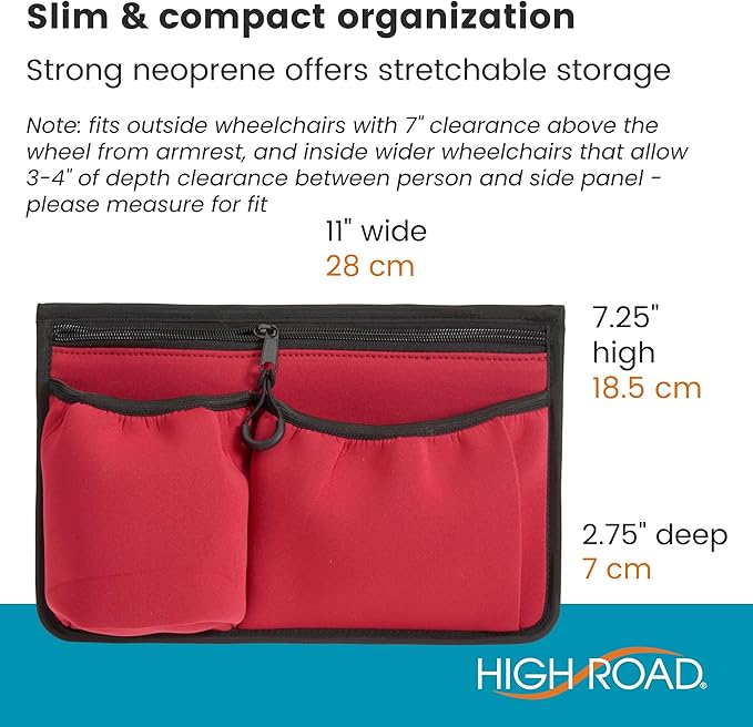 High Road Wheelchair Side Bag - Stretch Neoprene Walker Pouch with Insulating Cup Holder and 2 Storage Pockets