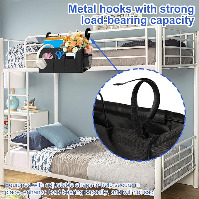 1PC Bedside Caddy, Bedside Storage Organizer for Top Bunk Bed Compartmental Oxford Cloth Versatile Large Capacity Bedside Hanging Bag Holder for Home Bedroom Dorm