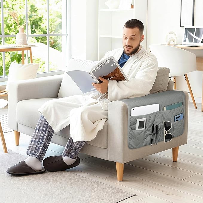 Remote Control Holder for Recliner,Armchair Caddy,Non Slip Sofa Armrest Storage Organizer for Recliner Couch with 6 Pockets for TV Remote,Cell Phone,Magazine (Grey)