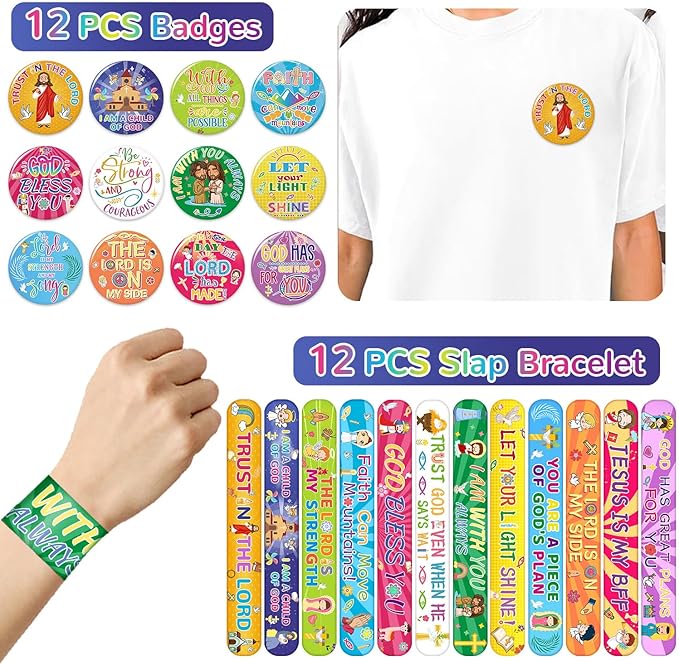 98PCS Christian Gifts Bible Religious Party Favors, Jesus Love You Religious Bracelets, Mini Religious Notebooks, Bible Stickers, Christian Button Pins and Verses Temporary Tattoos for Kids Adults