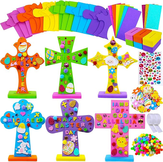 18 Sets Easter Cross Decorations DIY Craft Kits Assorted Foam Cutouts Egg Bunny Chick Stickers Pom-poms for Kids Classroom Sunday School VBS Activity Art Project